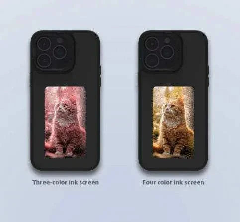Black iPhone case with NFC color e-ink display showing a corgi dog image