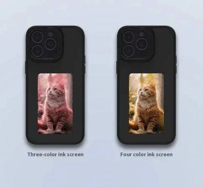 Black iPhone case with NFC color e-ink display showing a corgi dog image