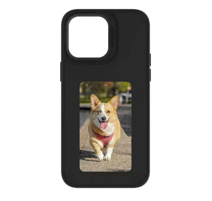 Black iPhone case with NFC color e-ink display showing a corgi dog image