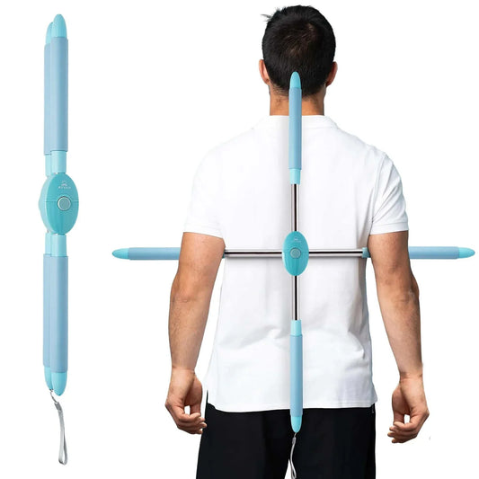 Blue Back Straightener Posture Corrector Device shown on man and separately, with comfort-padded adjustable yoga stick for back and neck support.