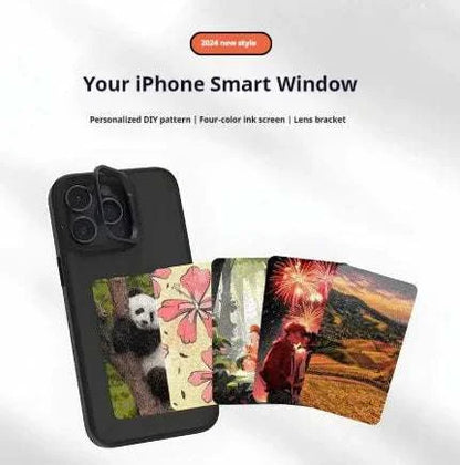 Black iPhone case with NFC color e-ink display showing a corgi dog image