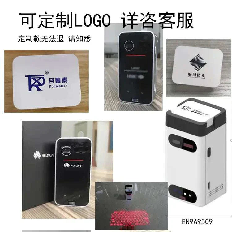 Wireless laser projection keyboard device projecting a red virtual keyboard onto a flat surface, compact and portable design compatible with smartphones and tablets.