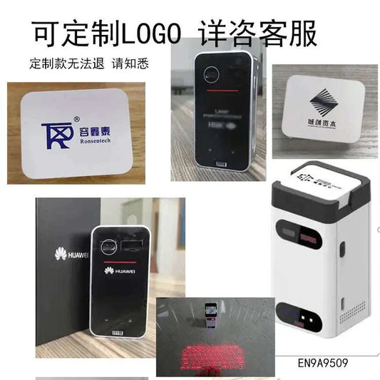 Wireless laser projection keyboard device projecting a red virtual keyboard onto a flat surface, compact and portable design compatible with smartphones and tablets.