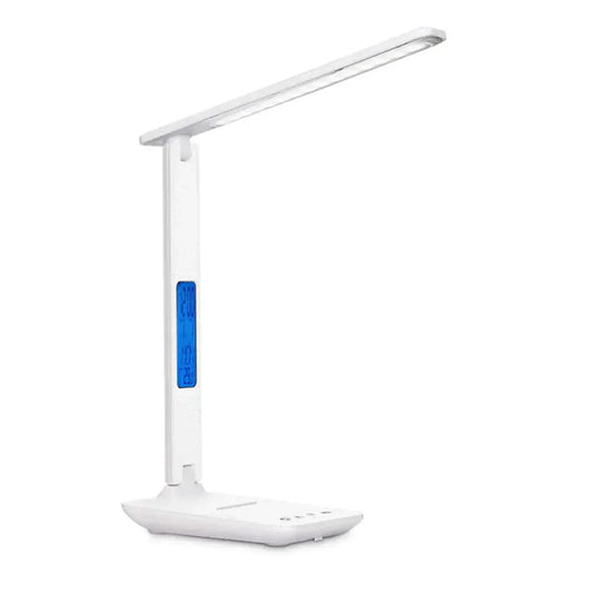 Modern white 3-in-1 lamp with wireless phone charger, digital clock, and thermostat display