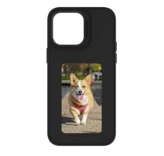Black iPhone case with NFC color e-ink display showing a corgi dog image