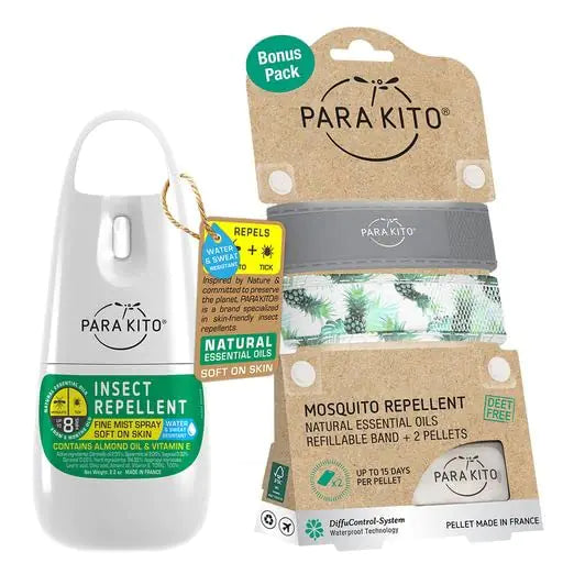ParaKito Mosquito Bonus Pack - 2 Mosquito Wristbands | 2 Refills (Grey + Pineapple) + Insect Repellent Spray