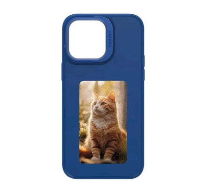 Black iPhone case with NFC color e-ink display showing a corgi dog image