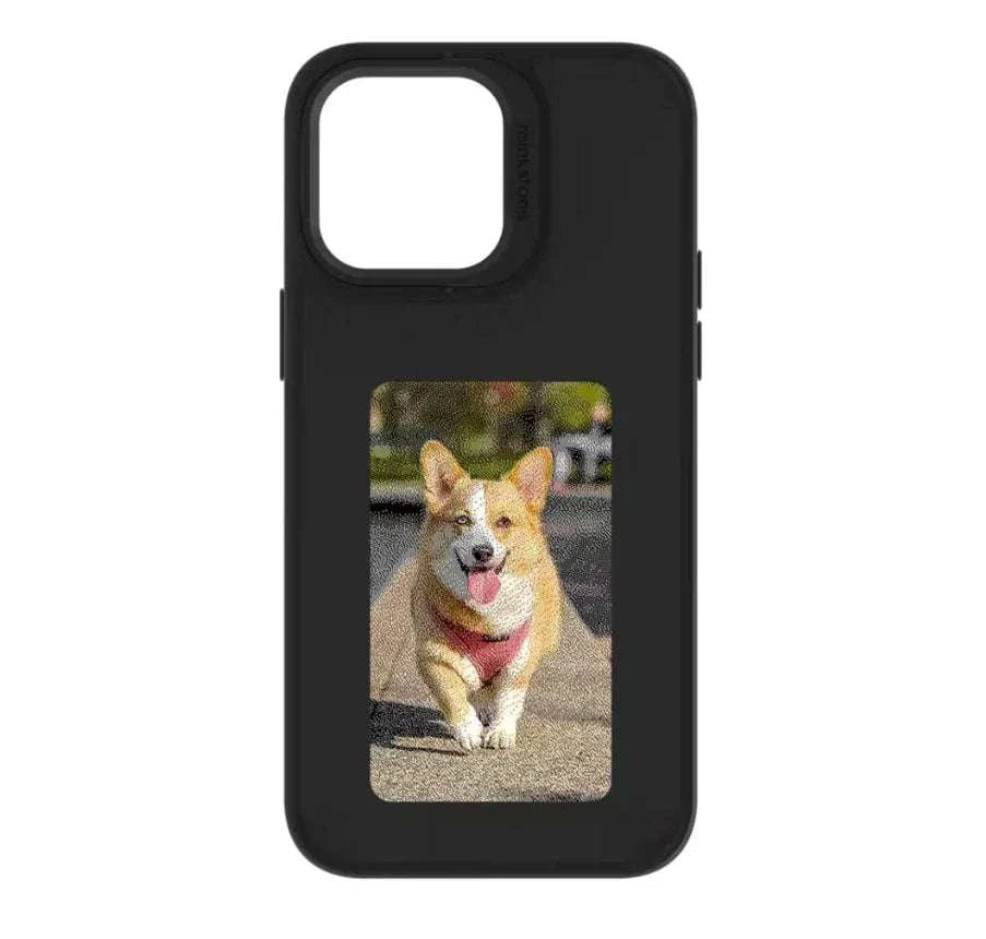 Black iPhone case with NFC color e-ink display showing a corgi dog image