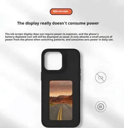 Black iPhone case with NFC color e-ink display showing a corgi dog image