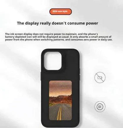 Black iPhone case with NFC color e-ink display showing a corgi dog image