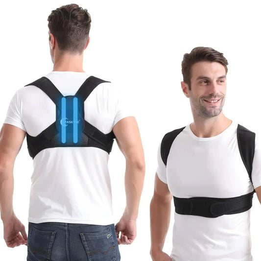 Man wearing black adjustable Paskyee Posture Corrector back brace over white shirt for spine and posture support.