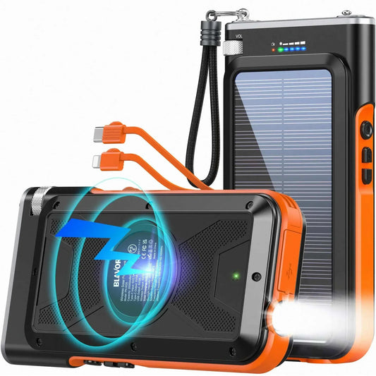 BLAVOR Solar Power Bank 20000mAh portable charger with wireless and fast charging, built-in USB-C and Lightning cables, solar panel, and flashlight for outdoor use and emergencies