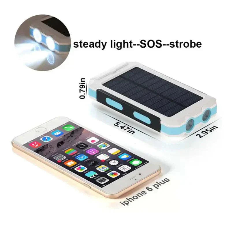 Jumbo Solar Power Bank with 20,000 mAh capacity, waterproof, dual LED lights, compass, and solar charging next to iPhone 6 Plus for size comparison
