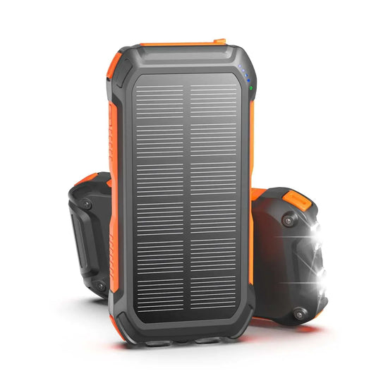 Bilivein Solar Power Bank 26800mAh portable solar charger with 15W fast USB-C output, 3 device ports, built-in flashlight, and rugged design for outdoor use