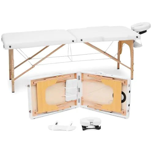 MoNiBloom Massage Table 2 Fold Portable Massage Table 82" Massage Bed Height Adjustable SPA Bed w/Carry Case Beechwood Frame Foldable Massage Table White