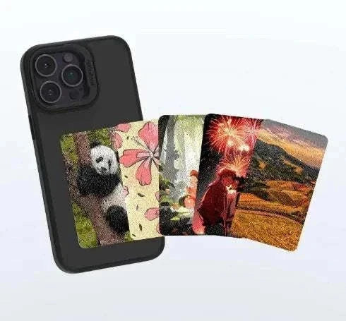 Black iPhone case with NFC color e-ink display showing a corgi dog image