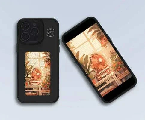 Black iPhone case with NFC color e-ink display showing a corgi dog image